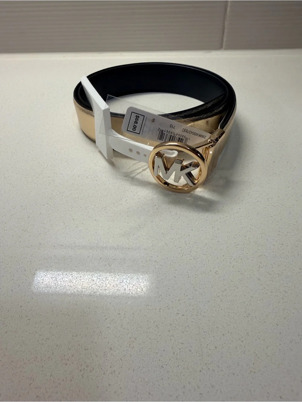 Michael Kors gold  Leather Belt with Gold and silver MK Round Buckle